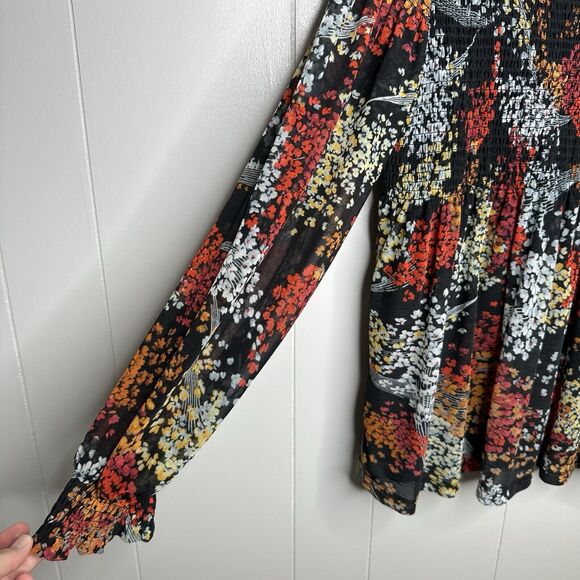 Anthropologie Akemi + Kin Adria Smocked Floral Blouse Size Large Black Splitneck - Picture 3 of 14